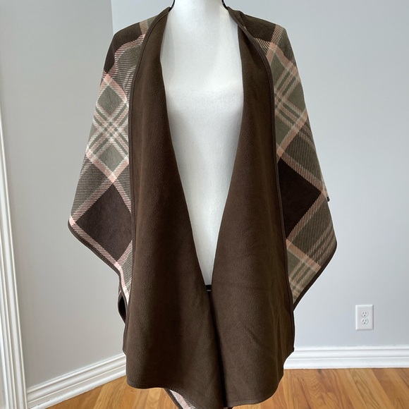 Woolrich one size fleece reversible shawl cape kaftan open front cardigan plaid - Picture 1 of 9